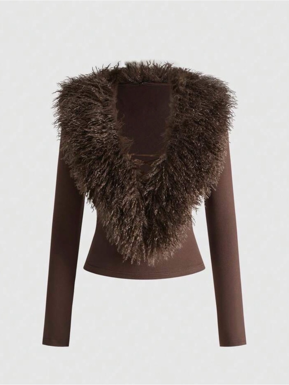 Faux Fur-Trim Brown Long-Sleeve Sweater